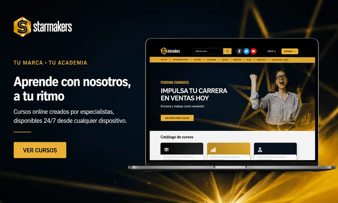 Plataforma eLearning a medida: página principal y catálogo de cursos de una academia online desarrollada por Diferenmarket