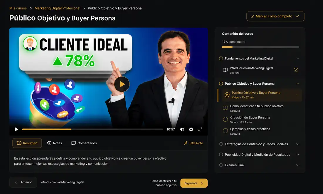 Aula virtual en uso: lección con video, temario del curso y seguimiento de avance